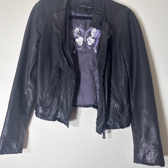 Andrew Marc Lamb skin Leather butterfly lining moto jacket black size XS - Picture 2 of 13